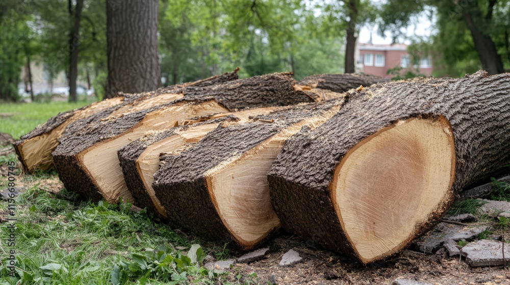 Poster Felled trees displaying fresh cut surfaces in a peaceful forest setting showcasing the impact of tree removal on the environment