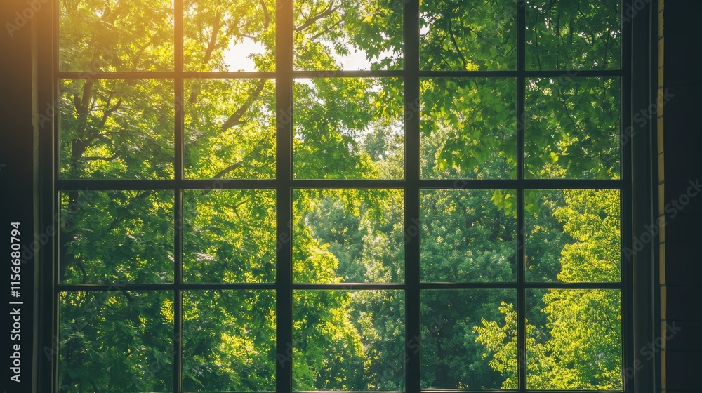 Poster Lush greenery viewed through a large window showcasing sunlight filtering through trees in a serene indoor setting.