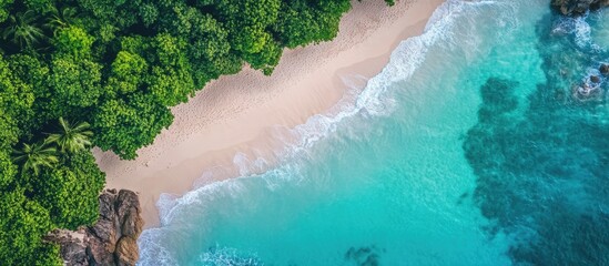 Aerial view of a serene tropical beach with golden sand meeting a crystal clear turquoise ocean surrounded by lush green vegetation