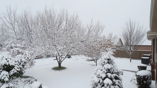 Snow-covered trees in a picturesque backyard landscape creating a serene winter wonderland scene with white snow blankets and cloudy sky.