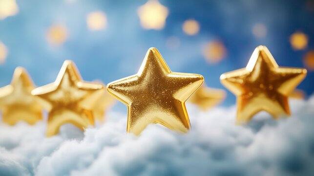 Golden stars on fluffy clouds against a twilight blue sky with bokeh lights.