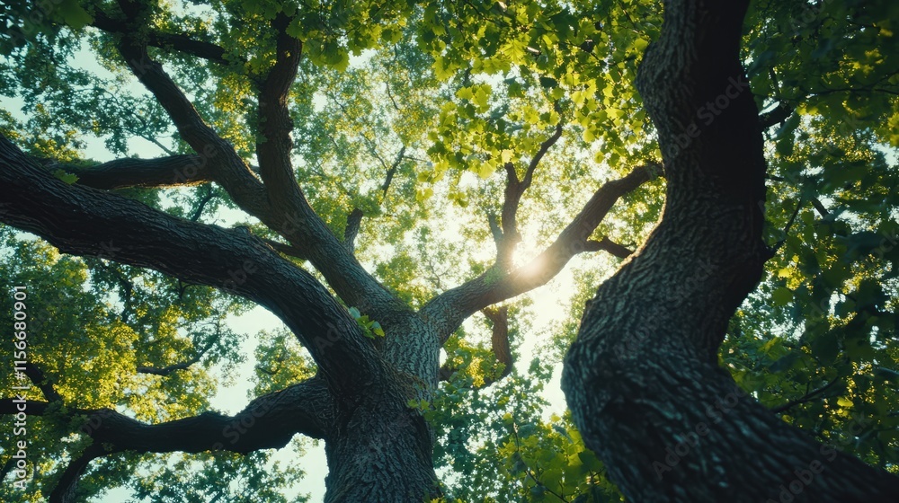 Poster lush summer forest with sunlight filtering through tree canopy showcasing vibrant green foliage and 