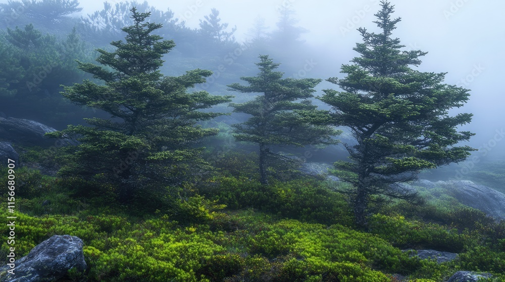 Poster foggy forest landscape with evergreen trees surrounded by mist and lush greenery on a tranquil day i