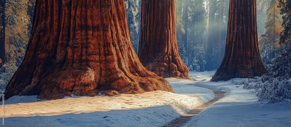 Aufkleber majestic giant sequoias in a serene winter landscape within a national park showcasing snow-covered 