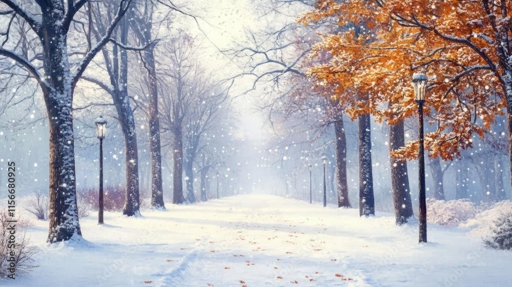 Aufkleber winter park landscape with snowy trees and fog creating a serene atmosphere on a chilly day with col
