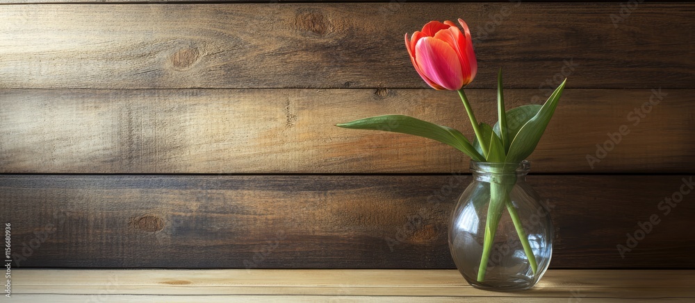 Poster tulip in a vase on wooden background with natural light and space for text creating a serene and ele
