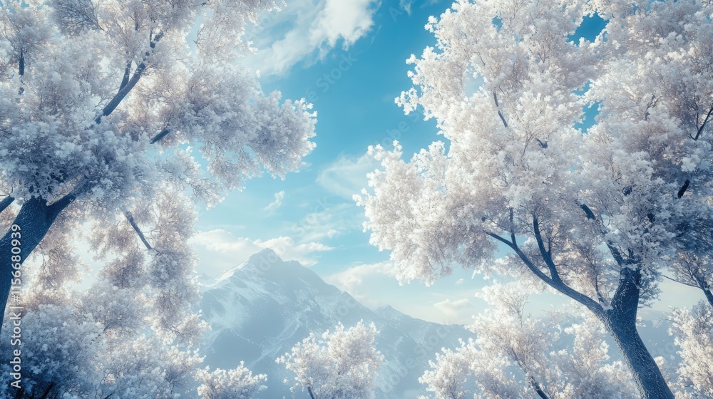 Poster frosted trees against a blue sky with mountains creating a serene winter landscape in a picturesque 