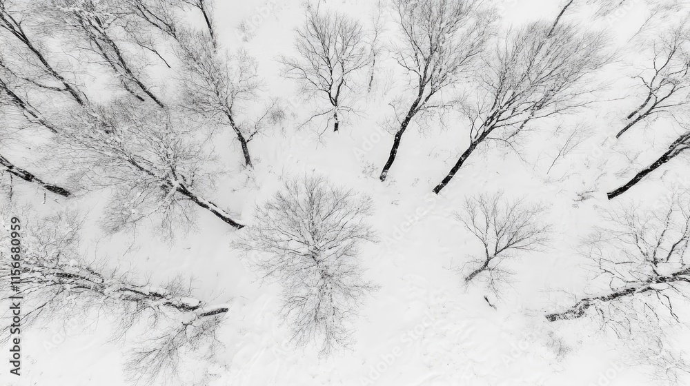 Poster aerial view of bare trees covered in fresh snow creating a serene winter landscape