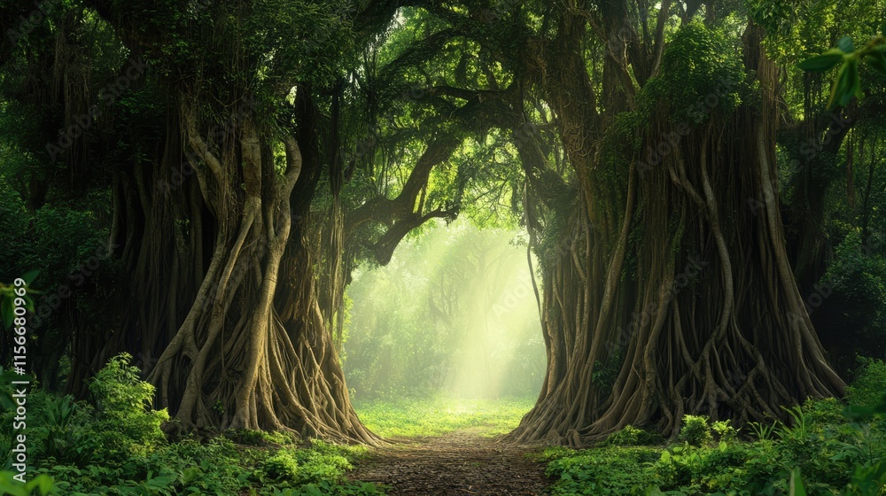 Poster majestic trees forming a natural archway in a sunlit forest with vibrant greenery and gentle light f