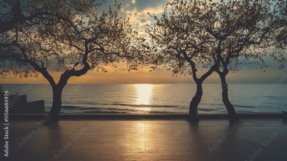 Poster serene late afternoon scene of trees silhouetted against a tranquil ocean sunset creating a peaceful