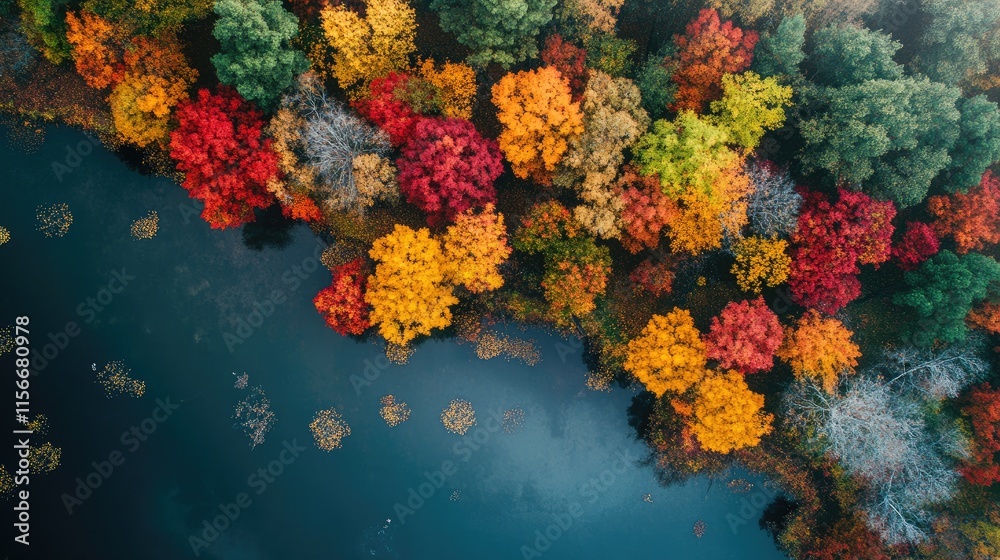 Aufkleber Aerial view of vibrant autumn trees with red yellow and green leaves surrounding a tranquil river landscape in a colorful seasonal display