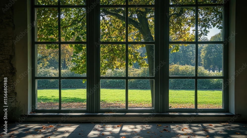 Poster Sunlight streaming through a large window framed by lush trees and greenery in a serene outdoor setting.