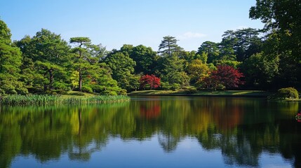 Fototapeta premium Tranquil lake surrounded by vibrant trees and shrubs reflecting in calm water under clear blue skies