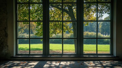 Fototapeta premium Sunlight streaming through a large window framed by lush trees and greenery in a serene outdoor setting.