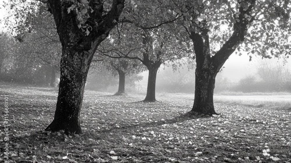 Poster Black and white landscape of trees with fallen leaves creating a serene autumn scene in a misty environment