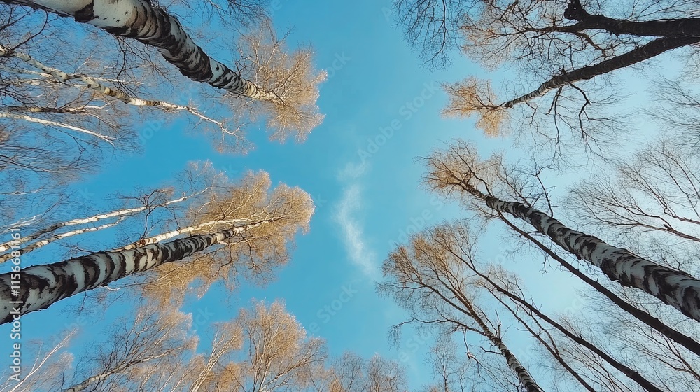 Poster winter forest landscape with bare birch trees reaching towards a clear blue sky creating a serene an