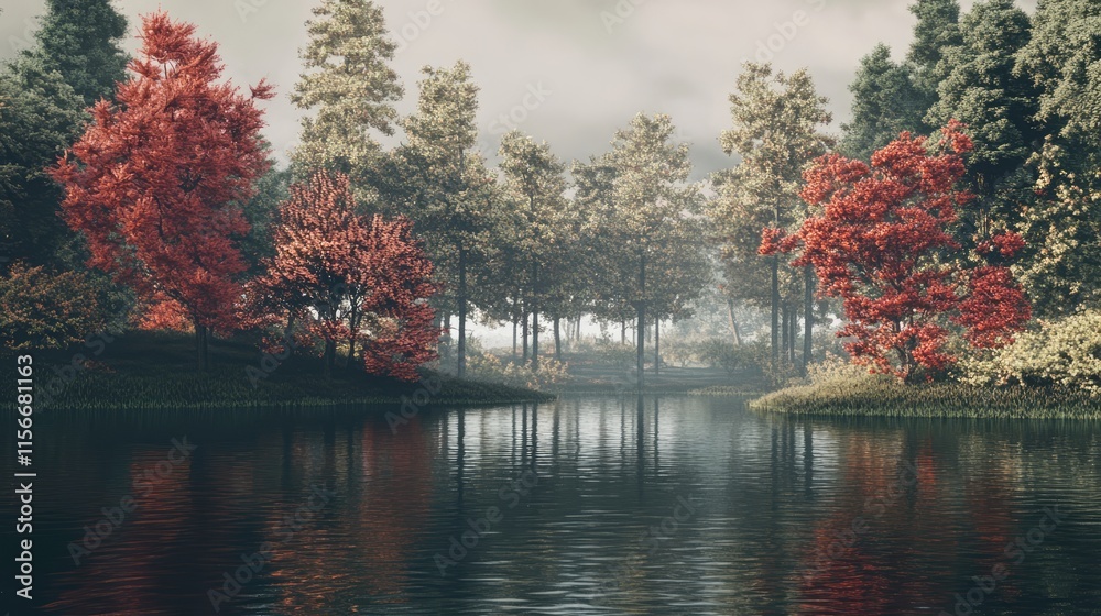 Poster serene autumn landscape with colorful trees and reflective lake surface amidst misty atmosphere