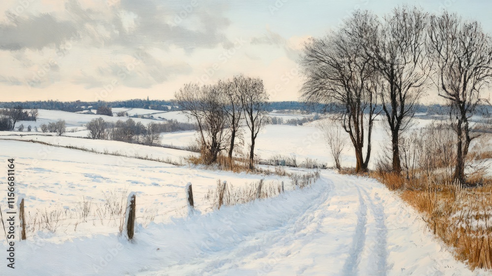 Poster winter landscape featuring snow-covered fields and bare trees along a serene rural pathway under a s