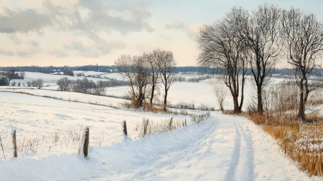Winter landscape featuring snow-covered fields and bare trees along a serene rural pathway under a soft cloudy sky.