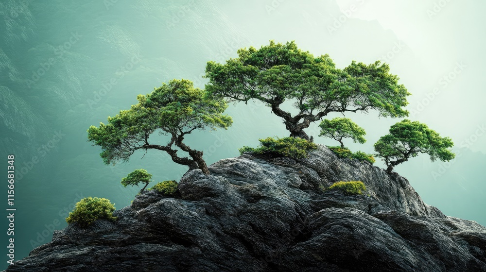 Poster lush green trees atop a rocky formation creating a serene and tranquil landscape in a misty environm