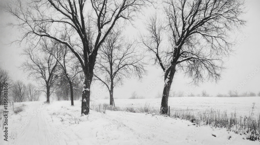 Poster winter landscape with bare trees and snow-covered fields in a serene, monochromatic setting.