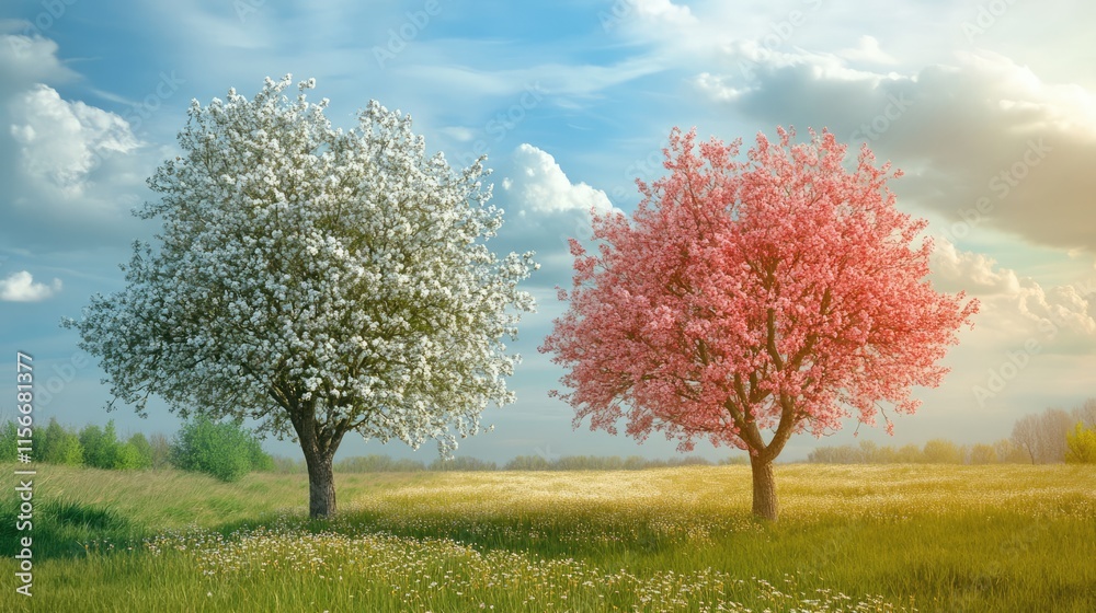 Poster blossoming trees in vibrant spring and summer fields under a bright blue sky and fluffy white clouds