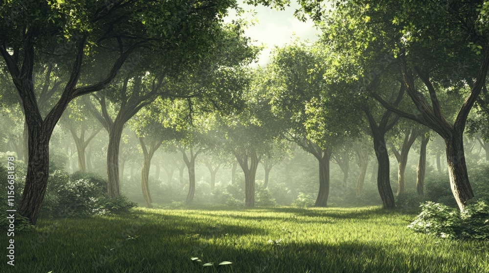 Aufkleber Lush green trees creating a serene atmosphere in a tranquil dense forest with soft sunlight filtering through the leaves