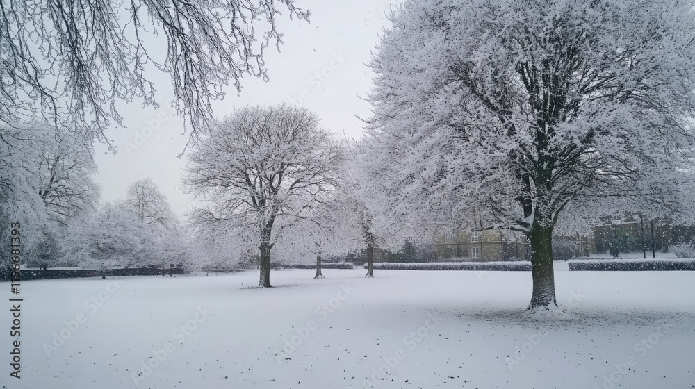 Poster snowy winter landscape with frosted trees in a serene park setting under a soft gray sky