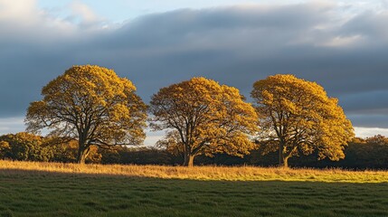 Golden autumn trees under a dramatic sky during sunset illuminating the landscape in warm evening light