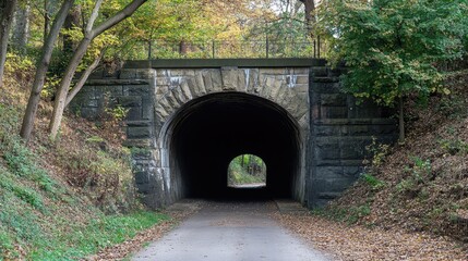 Mysterious stone tunnel surrounded by autumn foliage leading into a shadowy passageway in a serene landscape