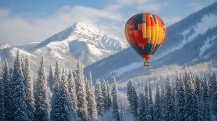 Naklejka premium Hot Air Balloon Soaring Over Snowy Mountain Peaks
