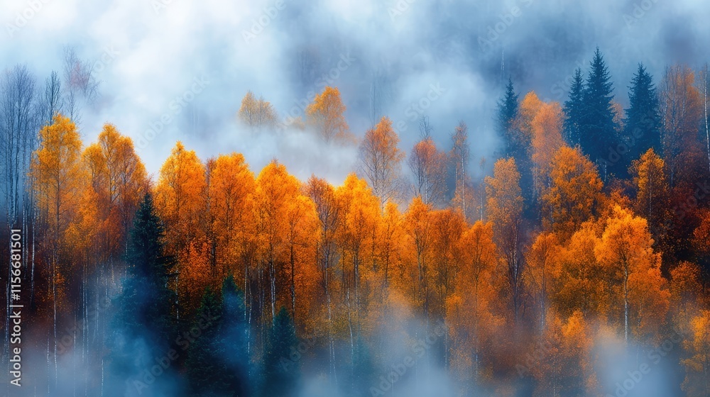 Aufkleber Autumn forest with vibrant orange trees shrouded in ethereal fog creating a mystical and serene atmosphere in nature