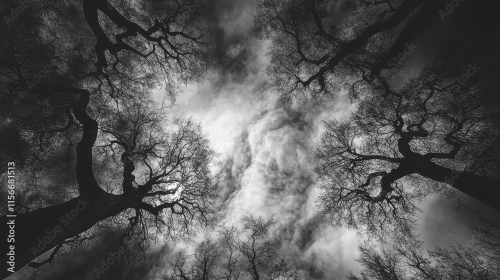 Poster black and white view of bare trees silhouetted against a dramatic cloudy sky from a low angle perspe