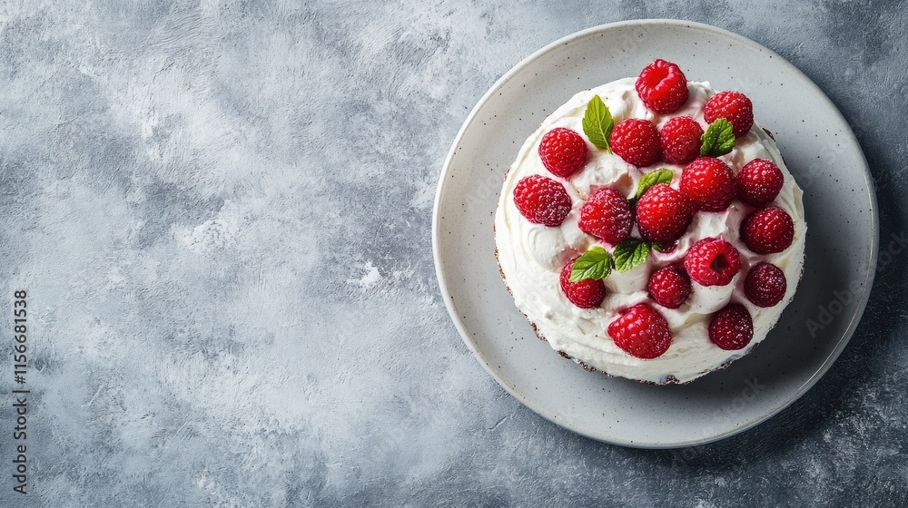 Aufkleber delicious tres leches cake topped with whipped cream and fresh raspberries on a minimalist gray conc