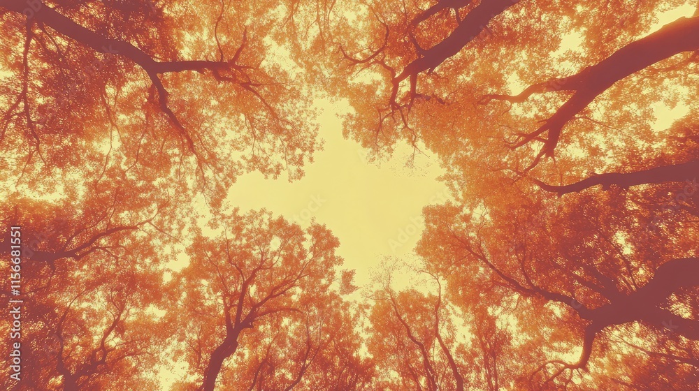 Poster Autumn forest canopy with vibrant golden foliage creating a warm abstract background in nature showcasing seasonal beauty