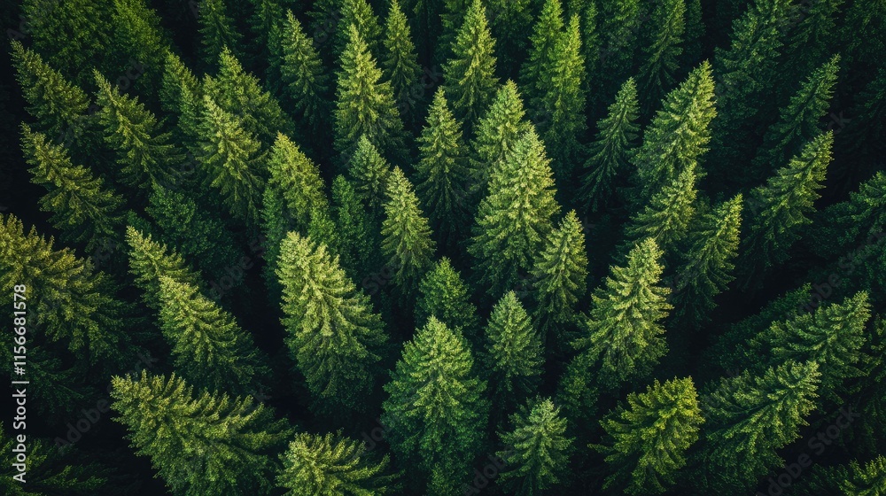 Poster aerial view of lush green coniferous trees forming a dense forest canopy showcasing vibrant foliage 