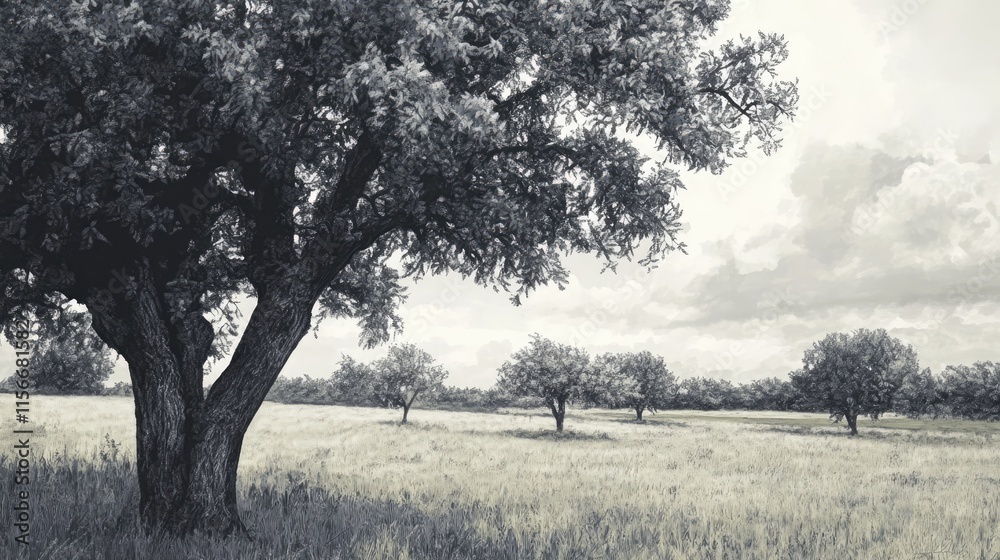 Poster black and white landscape of trees in an open field under a cloudy sky showcasing nature's tranquili