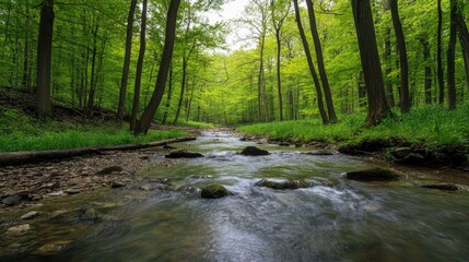 Obraz premium Lush Green Forest with Tranquil Stream Flowing Through Natural Landscape