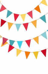 Bright multi-colored triangular flags on a white background. Holiday decor.