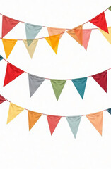 Fototapeta premium Bright multi-colored triangular flags on a white background. Holiday decor.