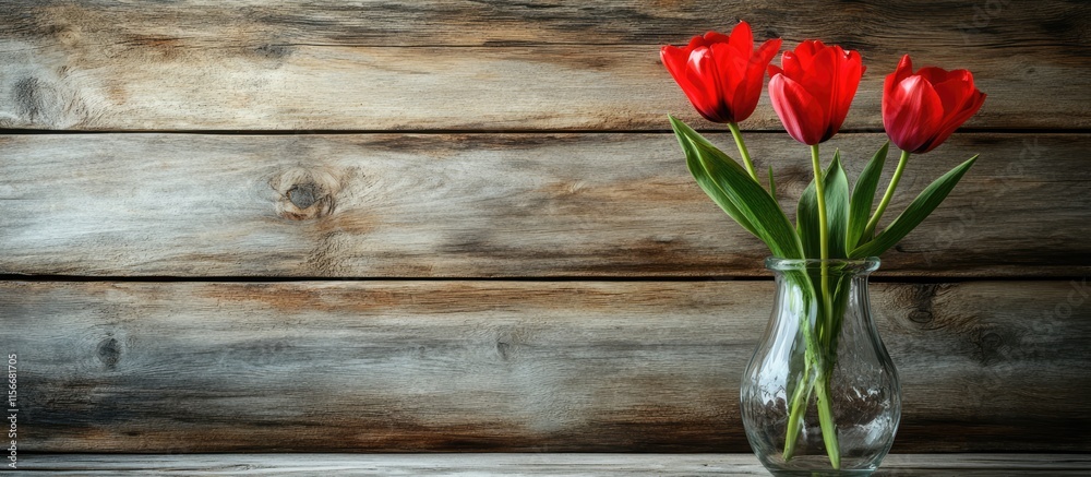 Poster Red tulips in a clear vase on a rustic wooden background with ample space for text or design elements for creative projects.