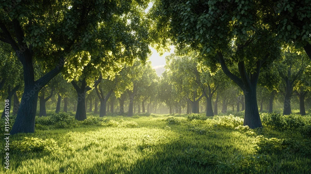 Poster serene sunlit forest landscape with vibrant greenery and tall trees creating a tranquil natural envi