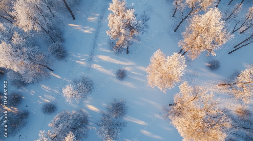 Poster aerial view of trees covered in snow creating a serene winter landscape in a park with soft shadows 
