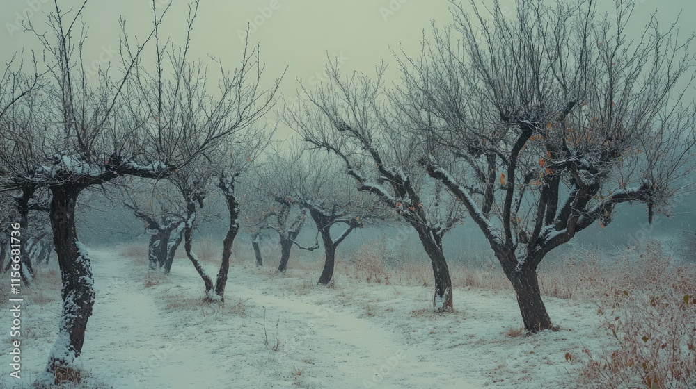 Poster Winter landscape of bare apple trees in a snow-covered orchard creating a tranquil and serene atmosphere amidst the cold season.