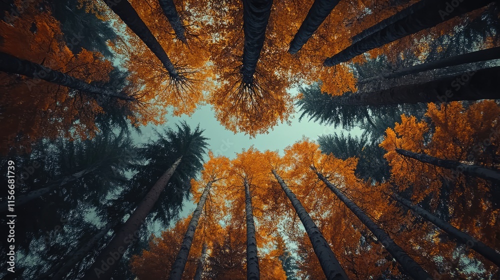 Poster autumn foliage in an alpine forest capturing the vibrant colors of trees against a serene sky from a