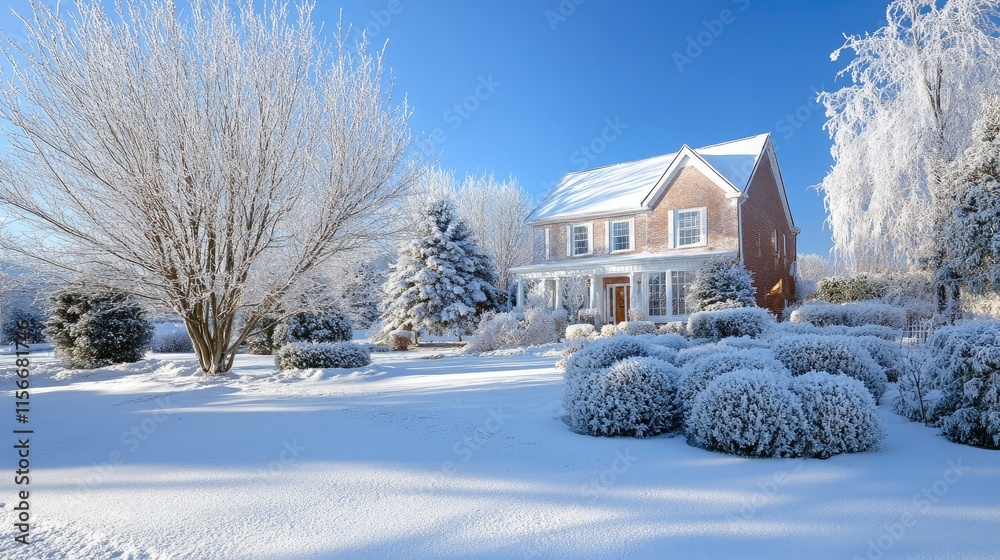 Aufkleber winter wonderland home with snow-covered trees and bushes after ice storm in a serene landscape sett