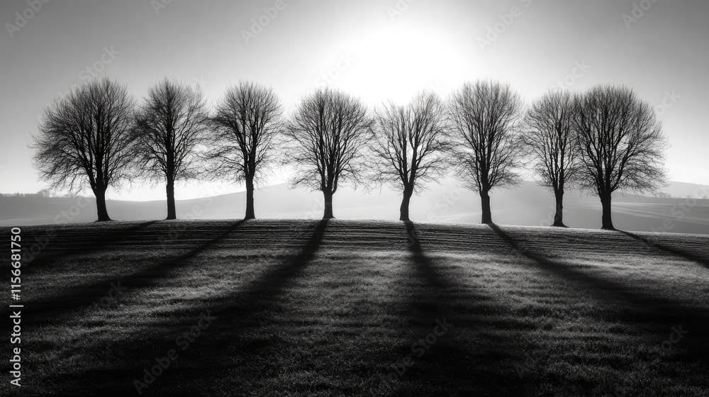Poster Silhouetted trees casting long shadows in backlight with a serene landscape in monochrome tones perfect for artistic and nature themes