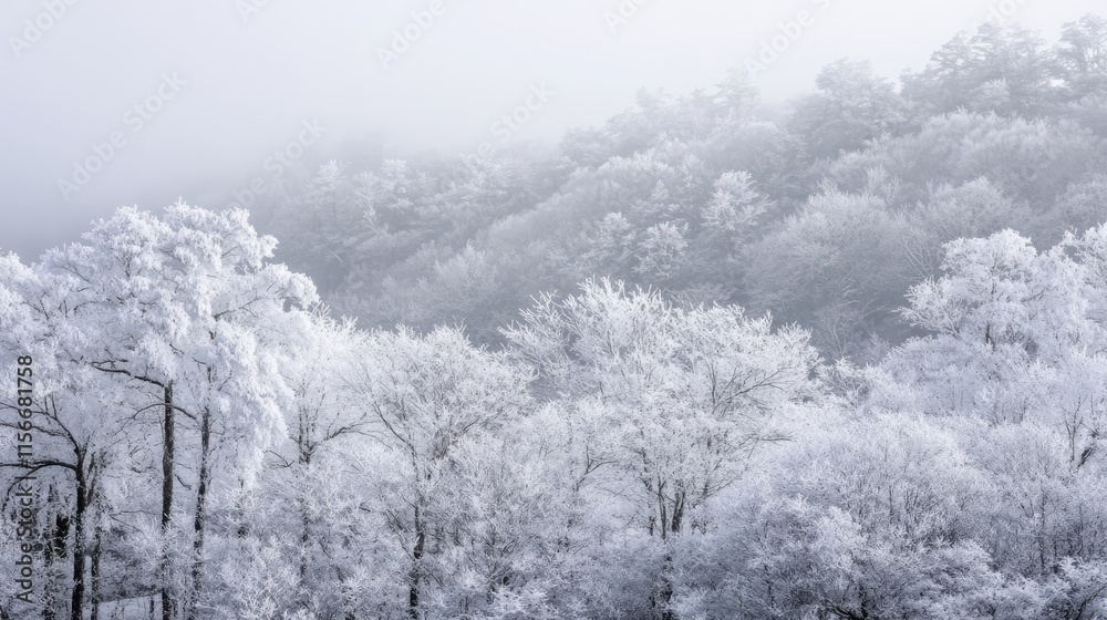 Poster snowy trees on a misty winter mountain landscape with a serene atmosphere and soft white hues in the