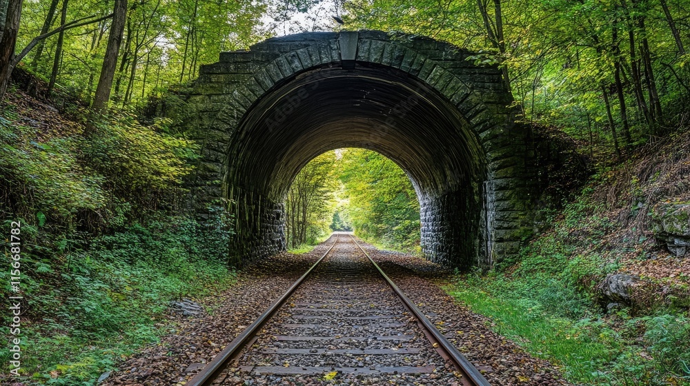 Poster Scenic railway tunnel surrounded by lush greenery creating a tranquil atmosphere in natureâ€™s embrace with tracks leading into the distance
