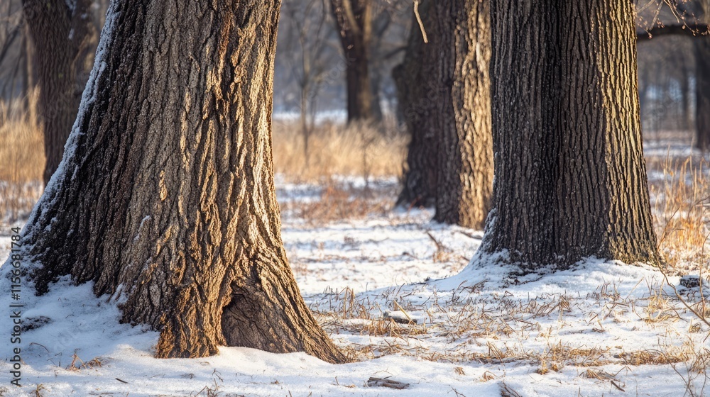 Poster winter forest landscape featuring snow-covered ground and frost-laden trees creating a serene and tr